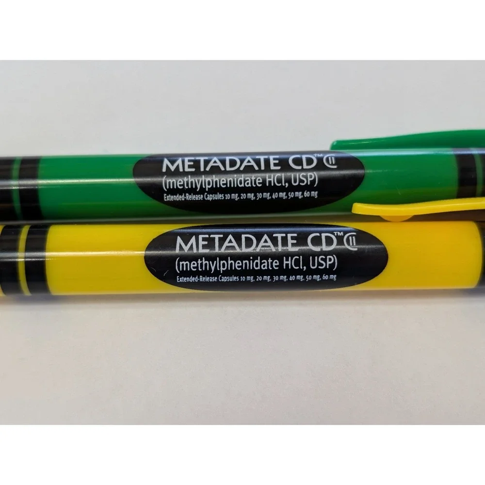 RARE Metadate CD CII Pharmaceutical Drug Rep Pen ADHD Green Yellow Crayon Click